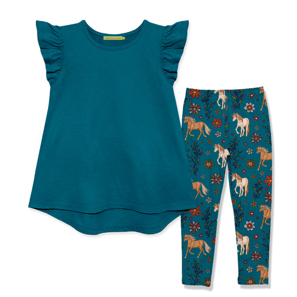 Teal Angel-Sleeve Hi-Low Top & Horse Floral Leggings