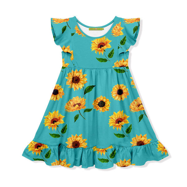 Teal Sunflower Turq Angel-Sleeve Dress