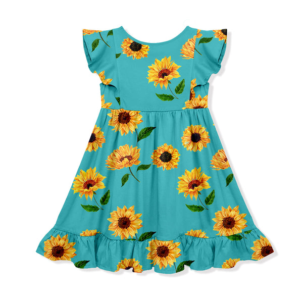 Teal Sunflower Turq Angel-Sleeve Dress