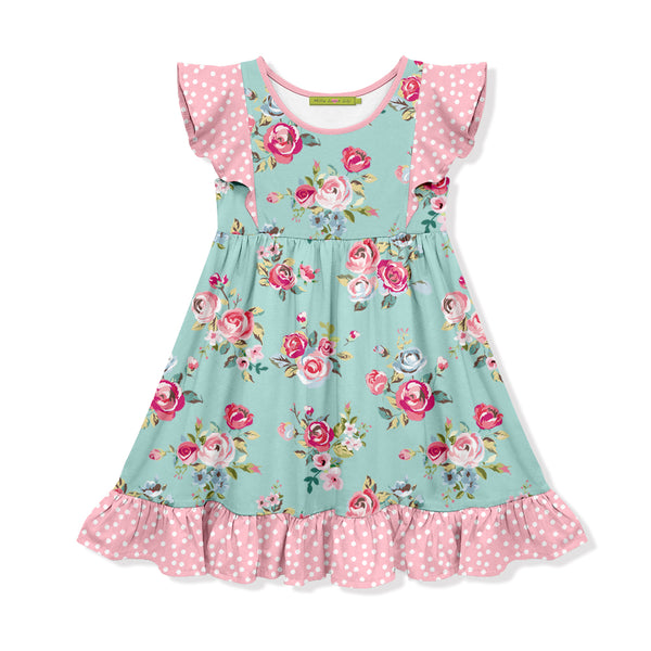 Vintage Rose & Dots Angel-Sleeve Dress