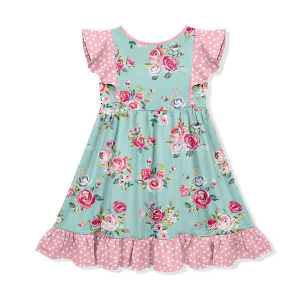 Vintage Rose & Dots Angel-Sleeve Dress