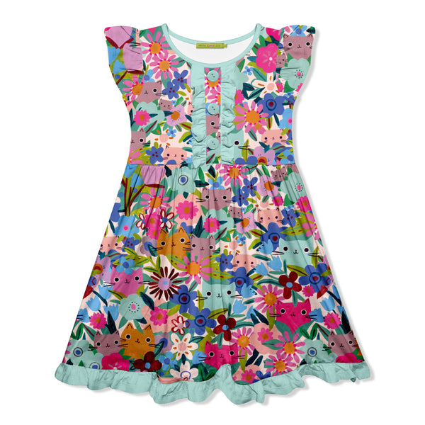 Mint Kitten Floral Button-Front Angel-Sleeve Dress -