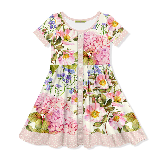 Cream & Watercolor Floral Button-Front Ruffle-Hem A-Line Dress