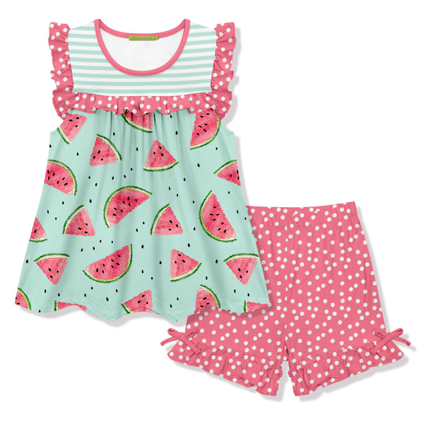 Turquoise Stripe & Watermelon Angel-Sleeve Top & Dot Shorts