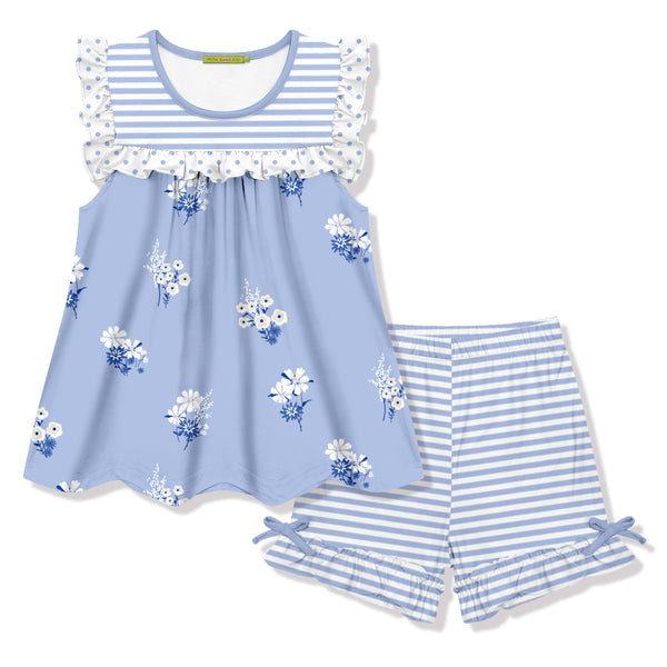 Periwinkle & White Flower Girl Sleeveless Top & Shorts