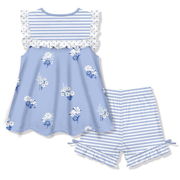 Periwinkle & White Flower Girl Sleeveless Top & Shorts