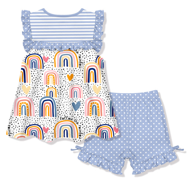 White & Blue 'Rainbow' Ruffle-Accent Sleeveless Top & Shorts