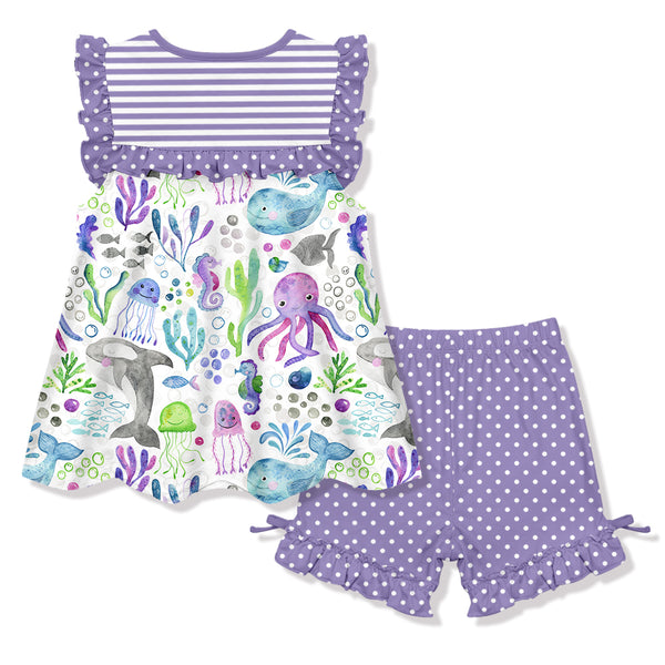 White & Purple Sea World Ruffle-Accent Sleeveless Top & Shorts