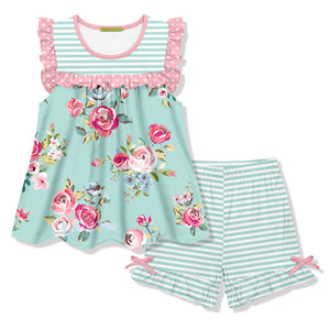 Mint & Pink Chloe Floral Ruffle Sleeveless Top & Stripe Bow Shorts