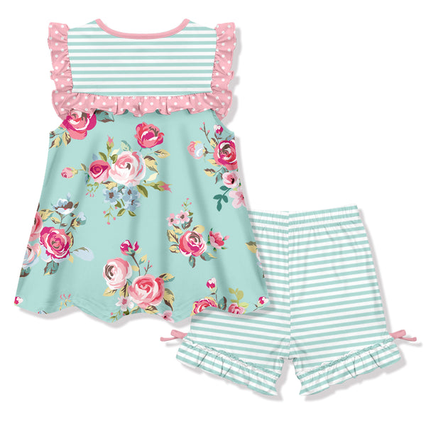 Mint & Pink Chloe Floral Ruffle Sleeveless Top & Stripe Bow Shorts