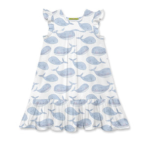 kids White & Periwinkle Whale patterned Square Neck Angel Sleeve Dress - Millieloveslily.com