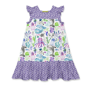 kids White & Purple ocean animal themed Square Neck Angel Sleeve Dress on a white background, front Millieloveslily.com