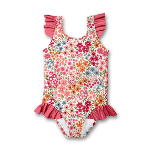 kids Coral  Floral Ruffle - Accent One - Piece - swimsuit on a white background, front Millieloveslily.com