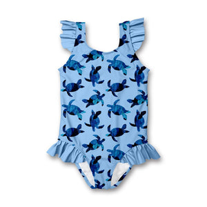 Kids Light Blue Turtle patterend Ruffle Accent One Piece  swimsuit- Millieloveslily.com