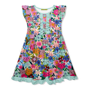 kids Mint Kitten Floral Button - Front Angel - Sleeve Dress on a white background, front- Millieloveslily.com