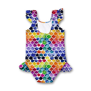 kids multicolored mermaid scale print one piece swimsuit on a white background, back