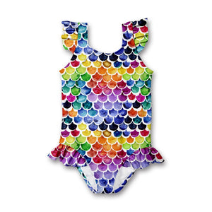 kids multicolored mermaid scale print one piece swimsuit on a white background, front