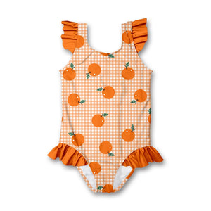 kids Orange Gingham  Ruffle - Accent One - Piece swimsuit on a whited background, front- Millieloveslily.com