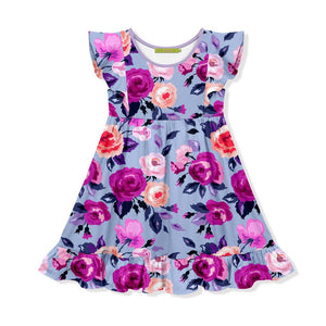 kids sPeriwinkle floral Angel Wing Dress, on a white background, front - Millieloveslily.com