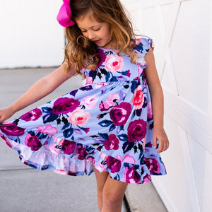 Kids periwinkle Blossom Angel Wing Dress , lifestyle,front- Millieloveslily.com