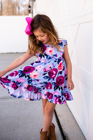 Kids periwinkle Blossom Angel Wing Dress , lifestyle,front- Millieloveslily.com