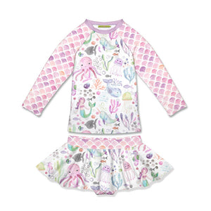kids White & Lilac Octopus Sea Long - Sleeve Skirted Rashguard Set on a white background, front - Millieloveslily.com