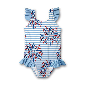 Light Blue Stripe Fireworks Ruffle - Accent One - Piece Swimsuit - Millieloveslily.com