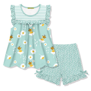 Mint Busy Bee Ruffle Sleeveless Top & Polka Dot Bow Shorts - Millieloveslily.com