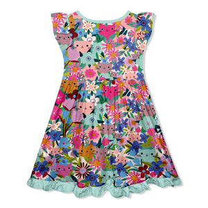 kids Mint Kitten Floral Button - Front Angel - Sleeve Dress on a white background, back- Millieloveslily.com