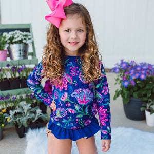 Purple Batik Floral Rash Guard & Ruffle Bikini Set - Millieloveslily.com