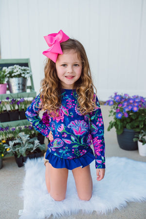Purple Batik Floral Rash Guard & Ruffle Bikini Set - Millieloveslily.com