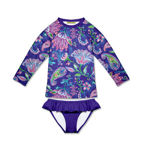 Purple Batik Floral Rash Guard & Ruffle Bikini Set - Millieloveslily.com